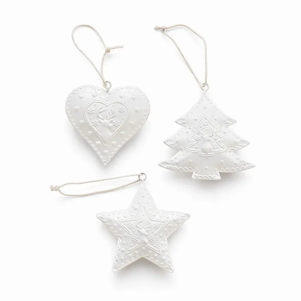 Christmas tree ornaments metal 7 cm, star, tree, heart, white, pack of 3
