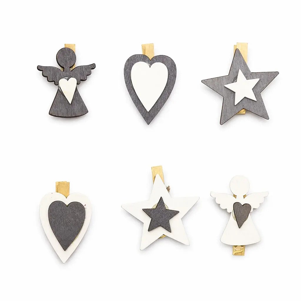 Wooden decorative pegs 4,5 cm, angel, star, heart, pack of 6
