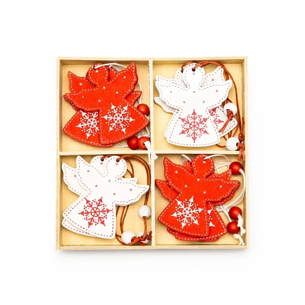 Set of wooden Christmas ornaments angel 5 × 6 cm, red and white, pack of 12