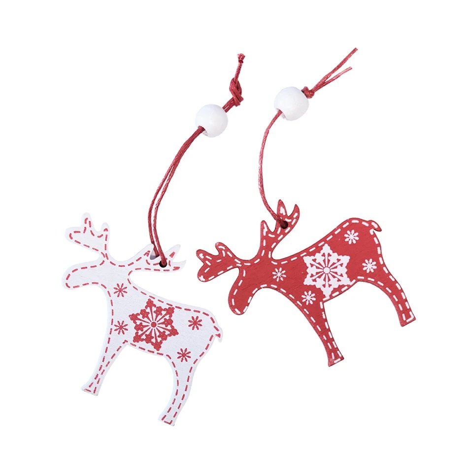 Set of wooden Christmas ornaments reindeer 5 × 6 cm, red and white, pack of 12