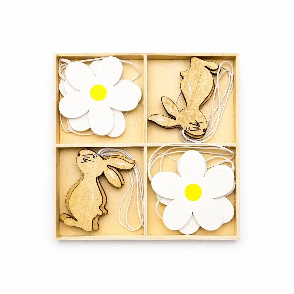 Easter wooden decoration 6 cm, flower and rabbit, pack of 12