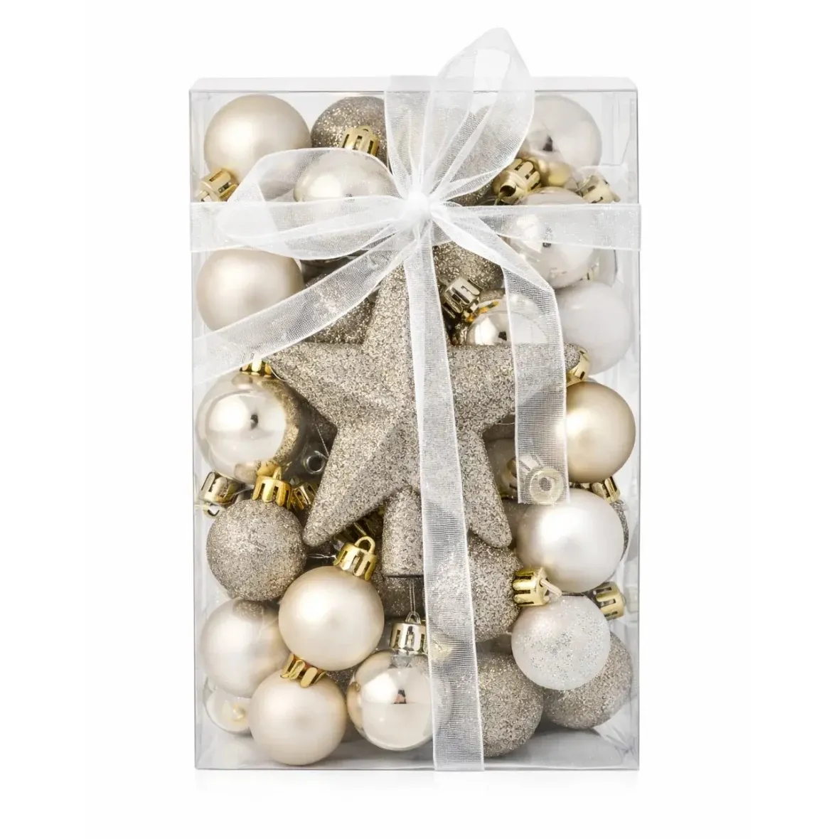 Set of Christmas ornaments champagne and white 3 cm plastic flasks and glitter spike, pack of 28 flasks and 1 spike