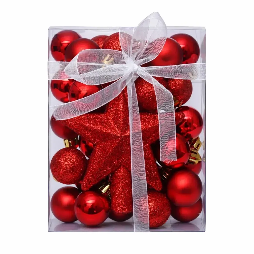 Set of Christmas ornaments red 3 cm plastic balls and glitter spike star 10,5 cm, pack of 29 banners and spike