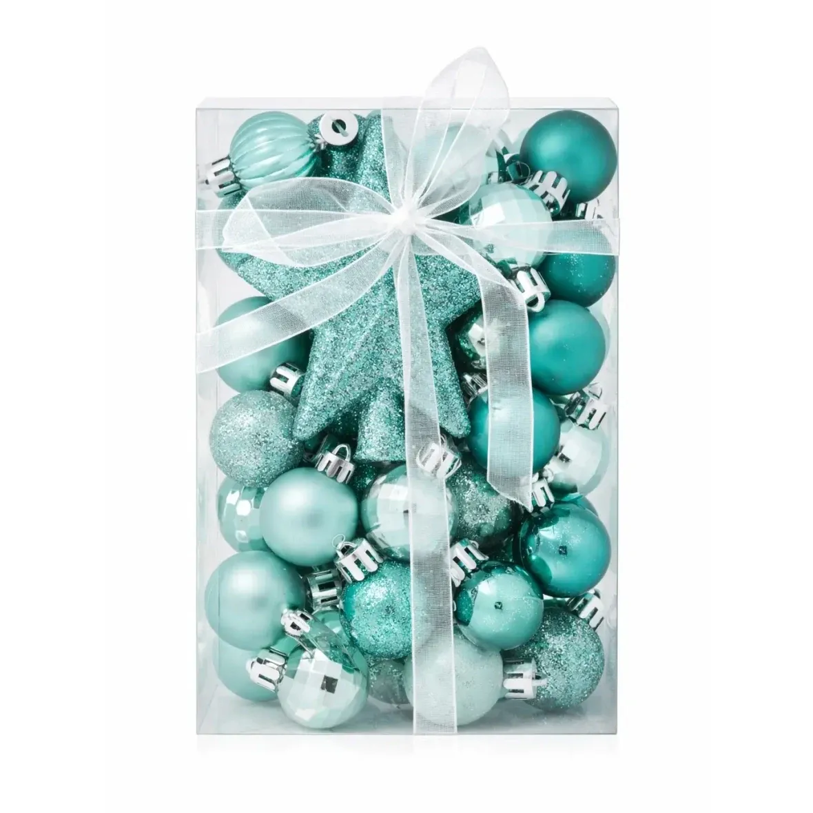 Set of Christmas decorations jade green 3 cm plastic balls and glitter star spike, pack of 28 banners and spike