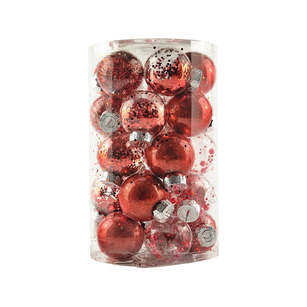 Set of Christmas decorations red 6 cm plastic flask, pack of 25 pcs