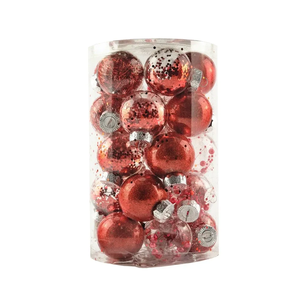 Set of Christmas decorations red 6 cm plastic flask, pack of 25 pcs