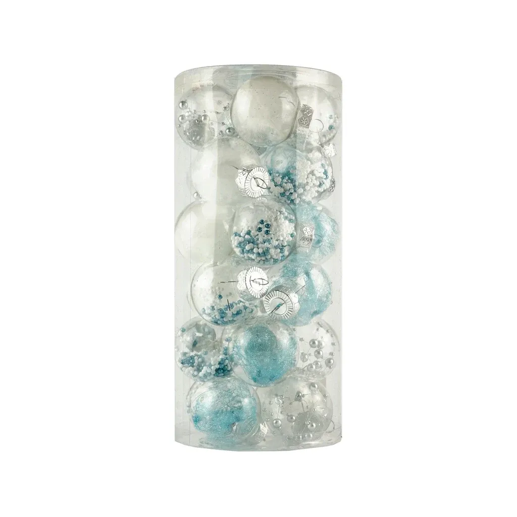 Set of Christmas ornaments turquoise 6 cm transparent plastic flask, pack of 25 pcs