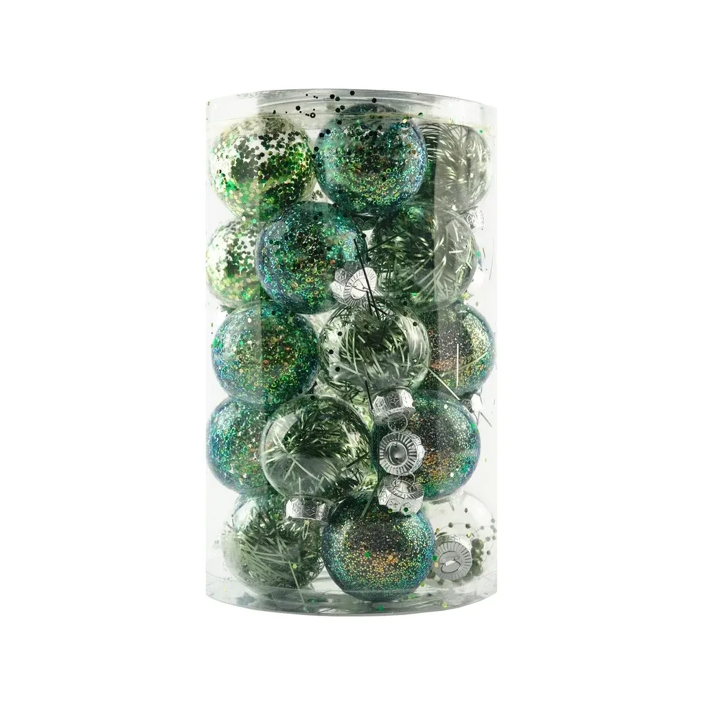Set of Christmas decorations dark green 7 cm plastic flask, pack of 25 pcs