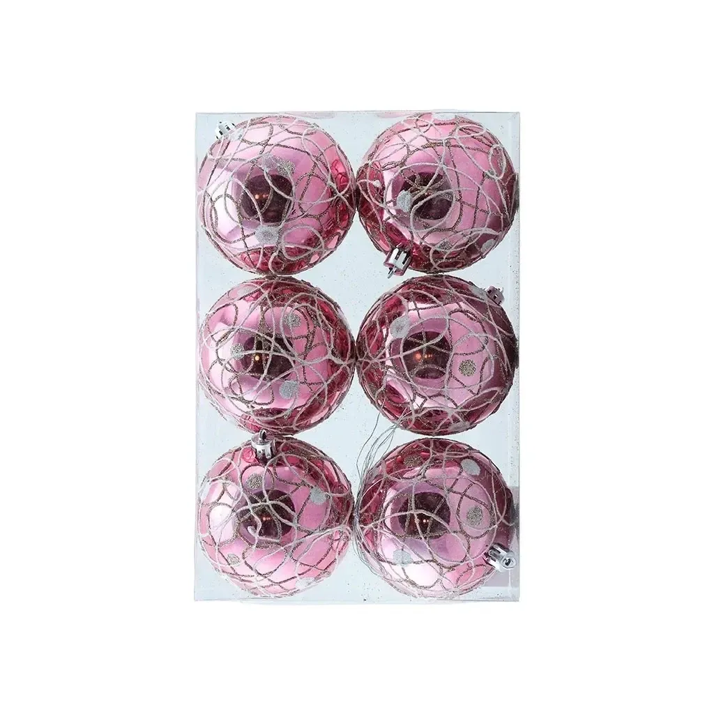 Set of Christmas decorations pink glossy 8 cm plastic balls, pack of 6