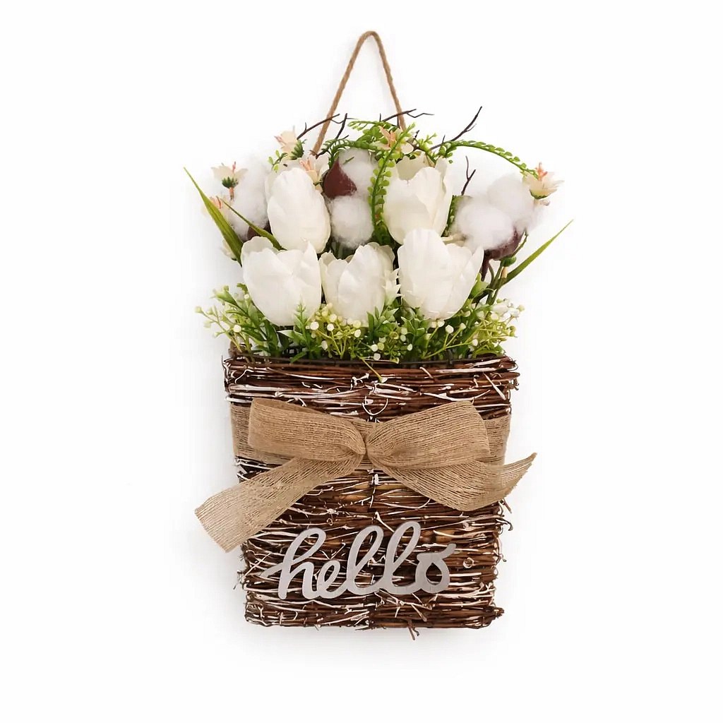 Spring decoration white flowers 23 × 40 cm, wicker and plastic, IP44, outdoor