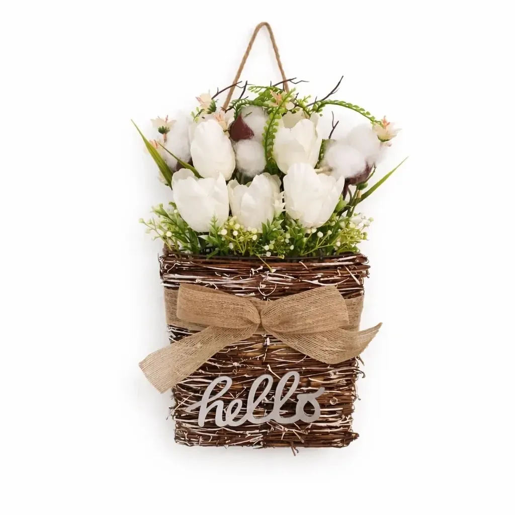 Spring decoration white flowers 23 × 40 cm, wicker and plastic, IP44, outdoor
