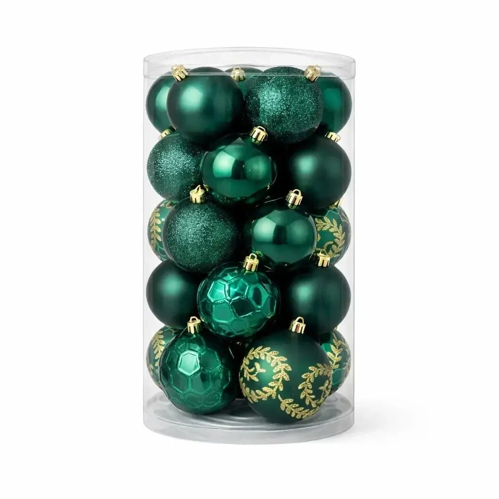 Set of Christmas ornaments dark green 8 cm plastic balls 5 kinds, pack of 20 pcs