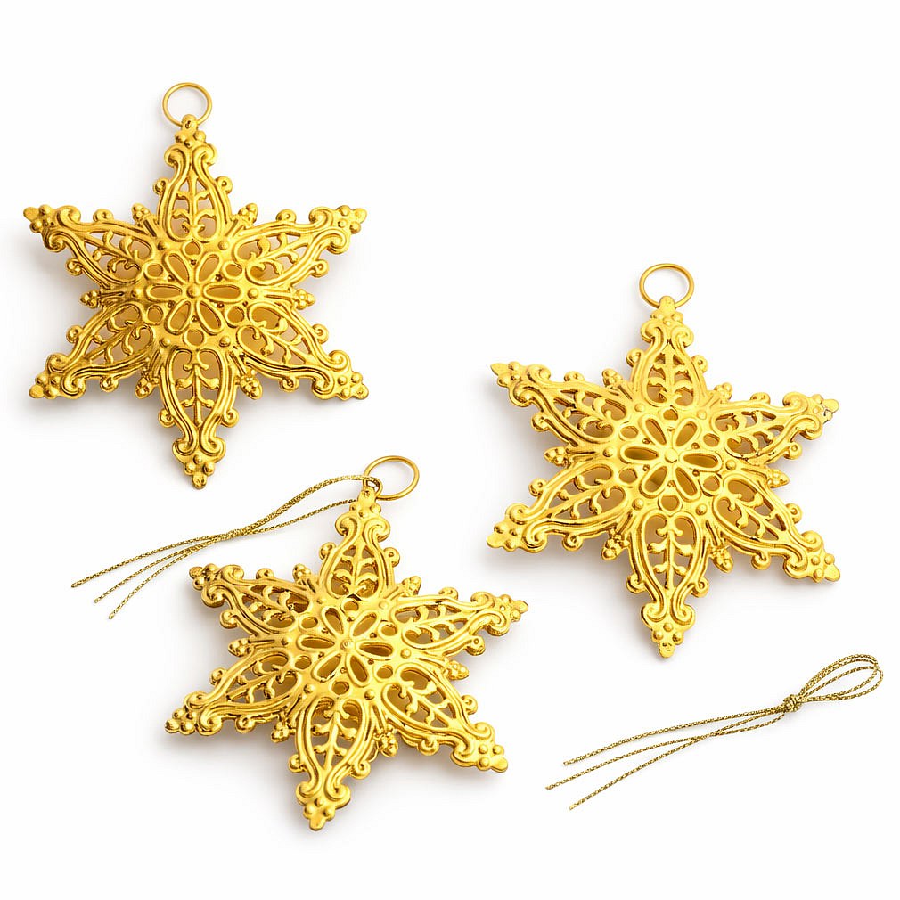 Christmas tree ornaments metal flakes 10 × 7,7 cm, gold, pack of 3
