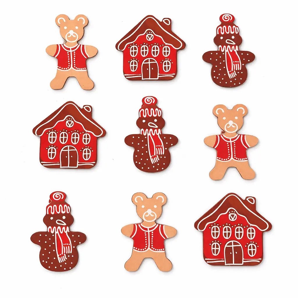 Set of wooden ornaments 7,5 cm, 3 types, pack of 9 pcs
