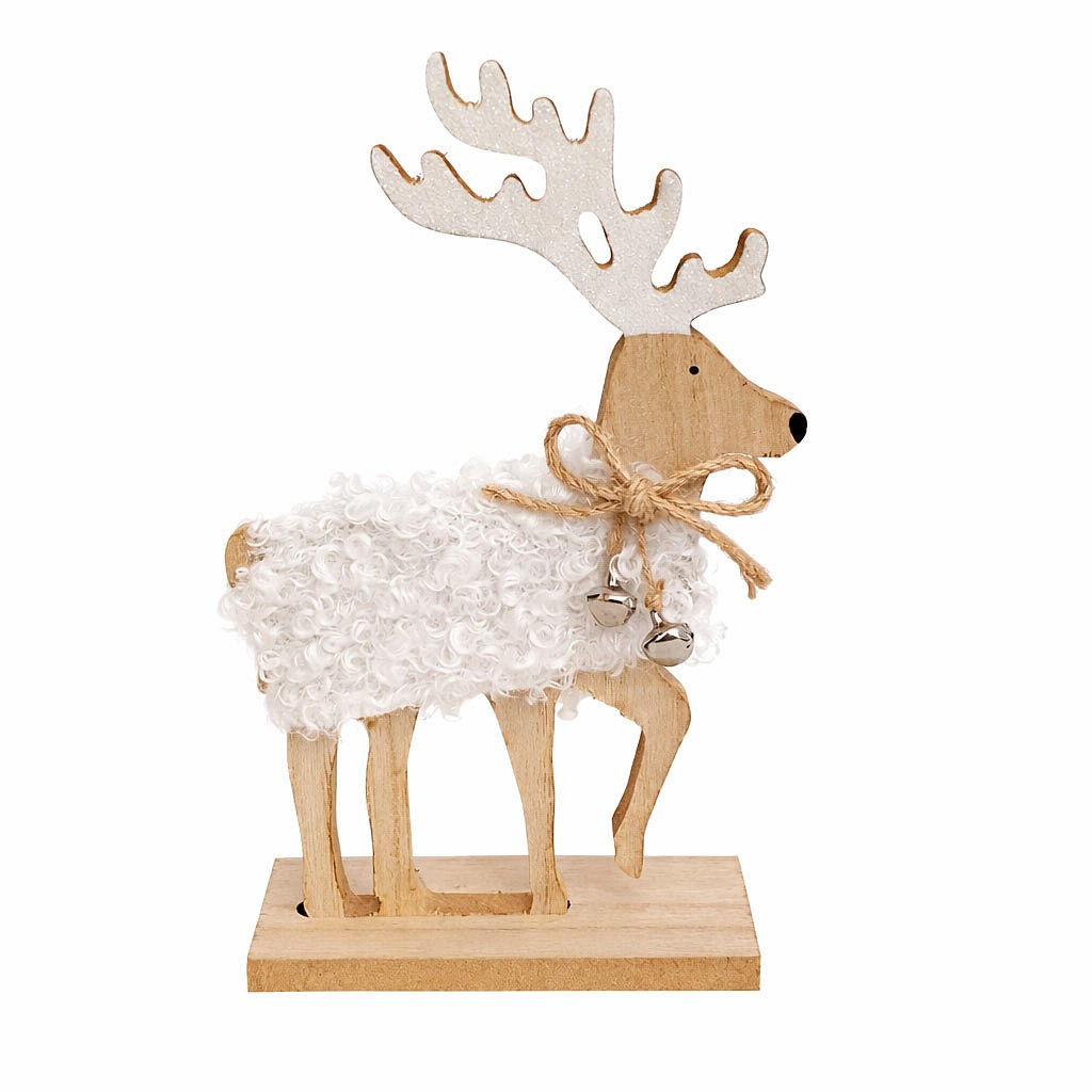 Wooden Christmas table decoration deer with jingle bells, 12,5 × 20,5 cm, white, standing