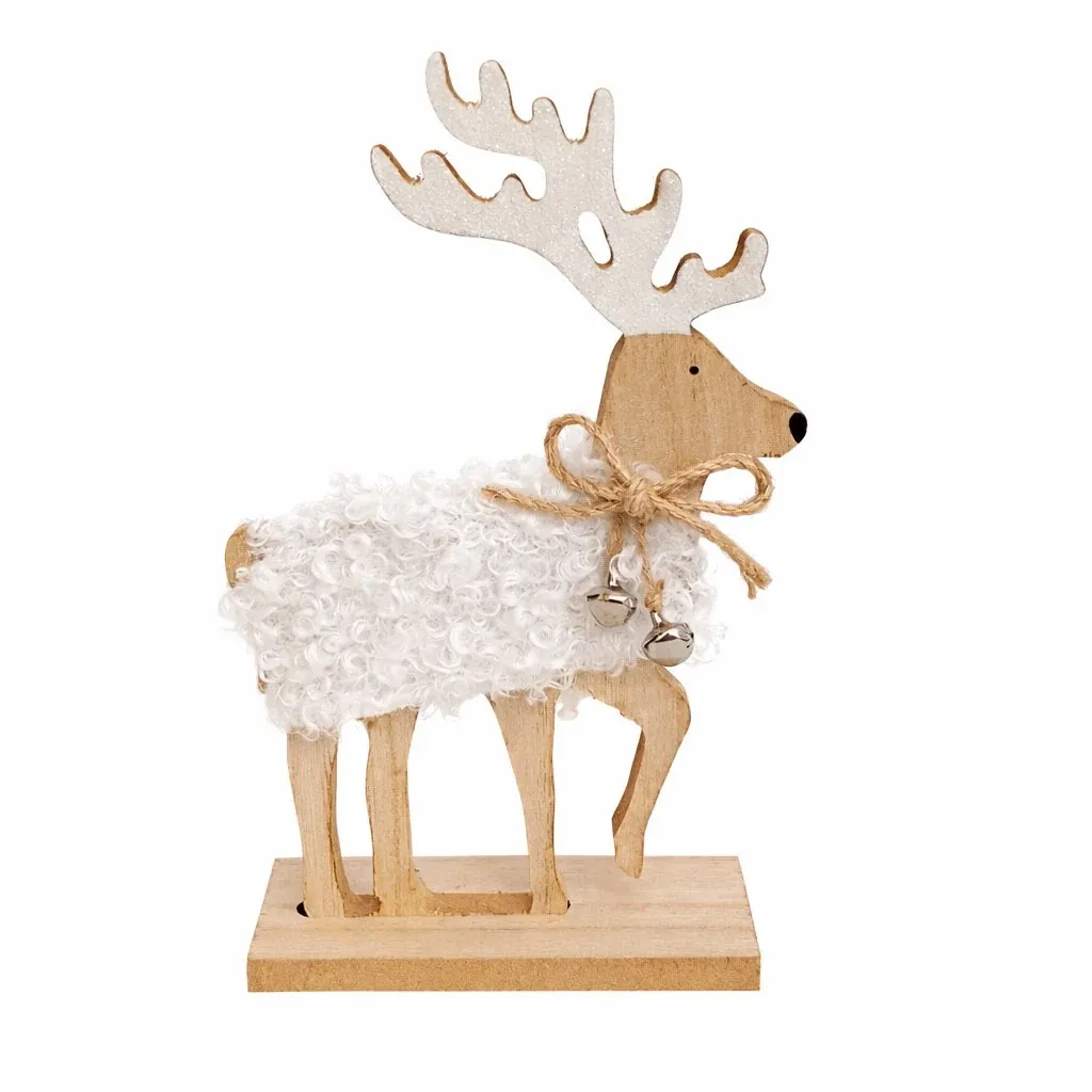 Wooden Christmas table decoration deer with jingle bells, 12,5 × 20,5 cm, white, standing