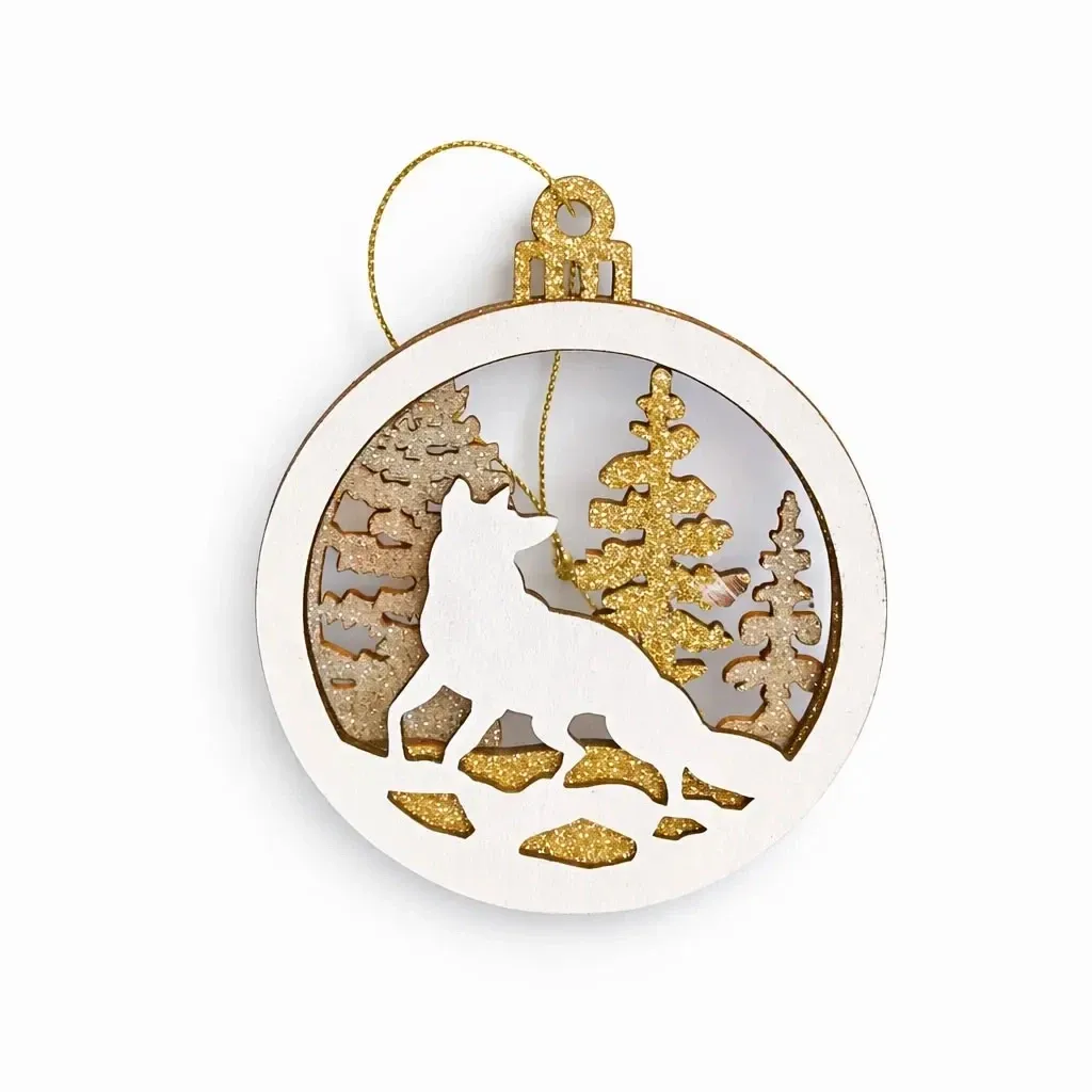 Wooden Christmas ornament dog wolf 8,5 cm, for hanging, white gold silver