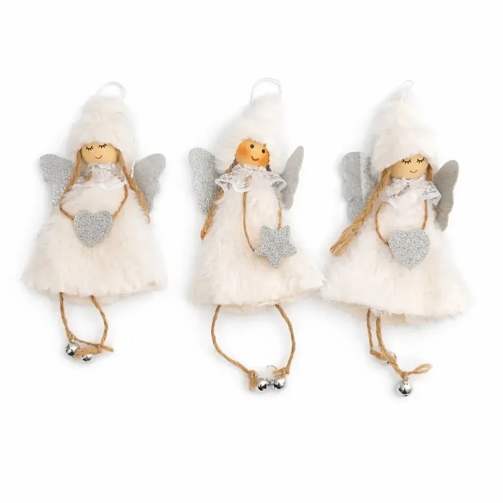 Set of Christmas angel ornaments 11,5 cm, white, wood, yarn