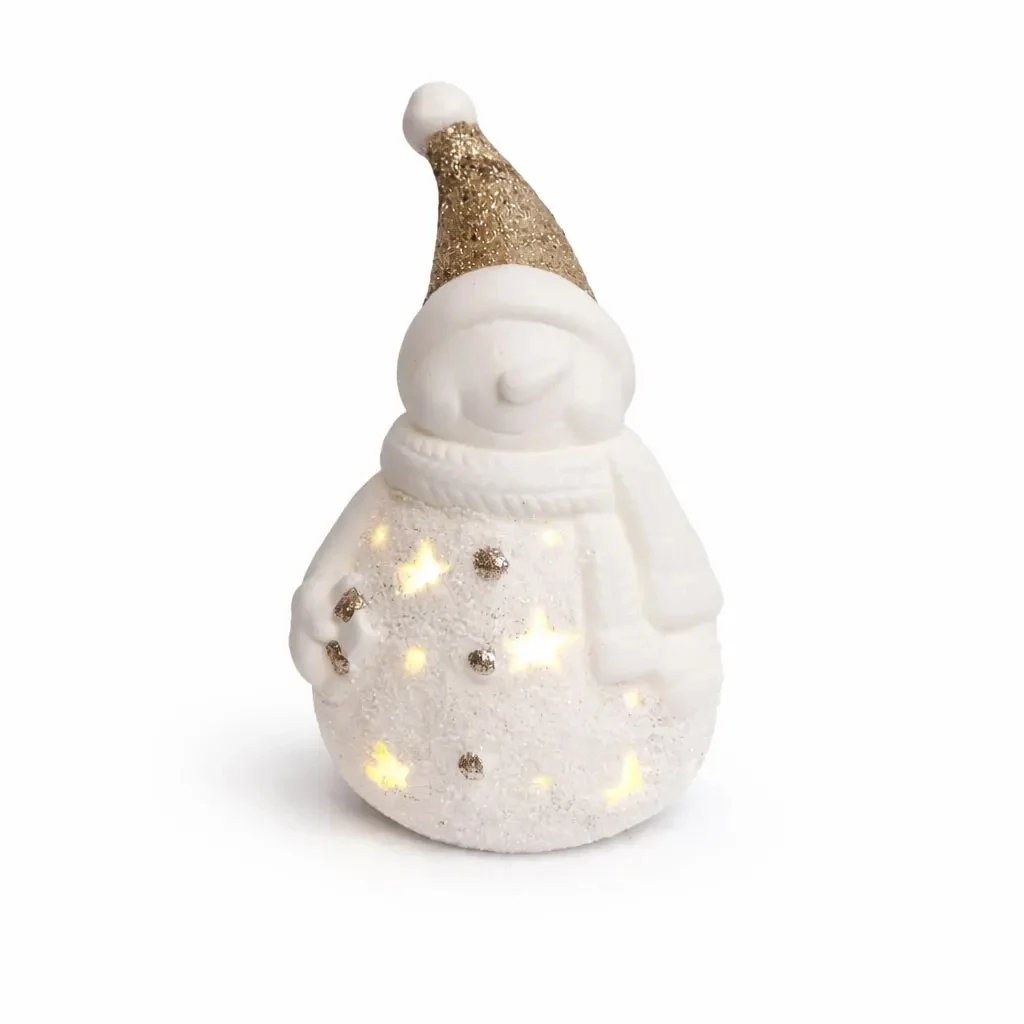 LED decoration ceramic snowman, 9,3 × 8,8 × 16,5 cm, warm white, 2× LR44