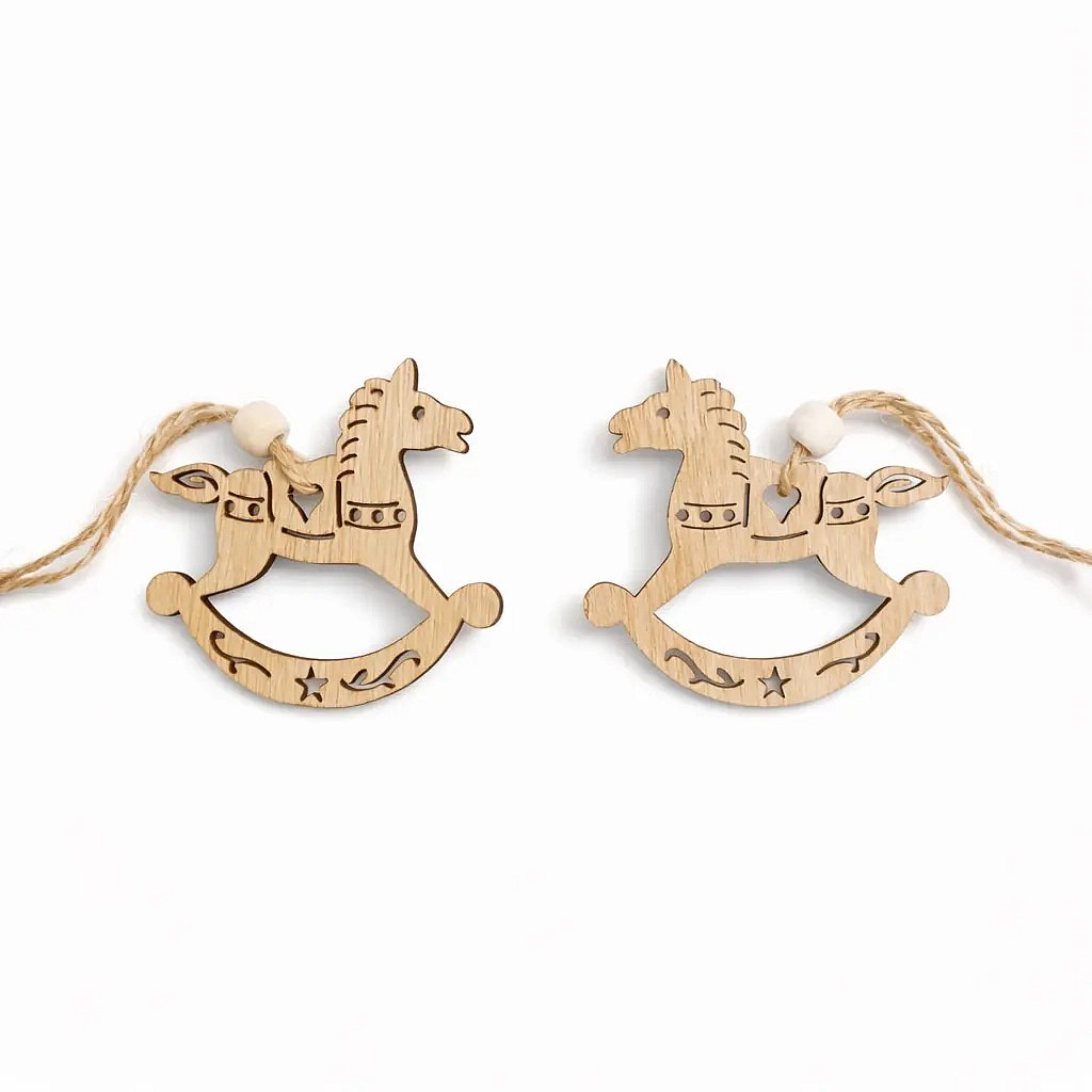 Wooden Christmas ornament rocking horse 7 cm, hanging, pack of 2