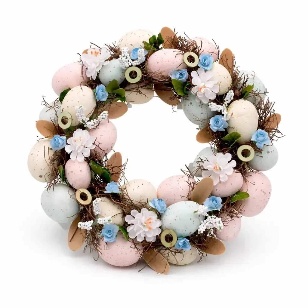 Easter door wreath 30 × 30 × 8 cm, blue flowers and eggs, outdoor