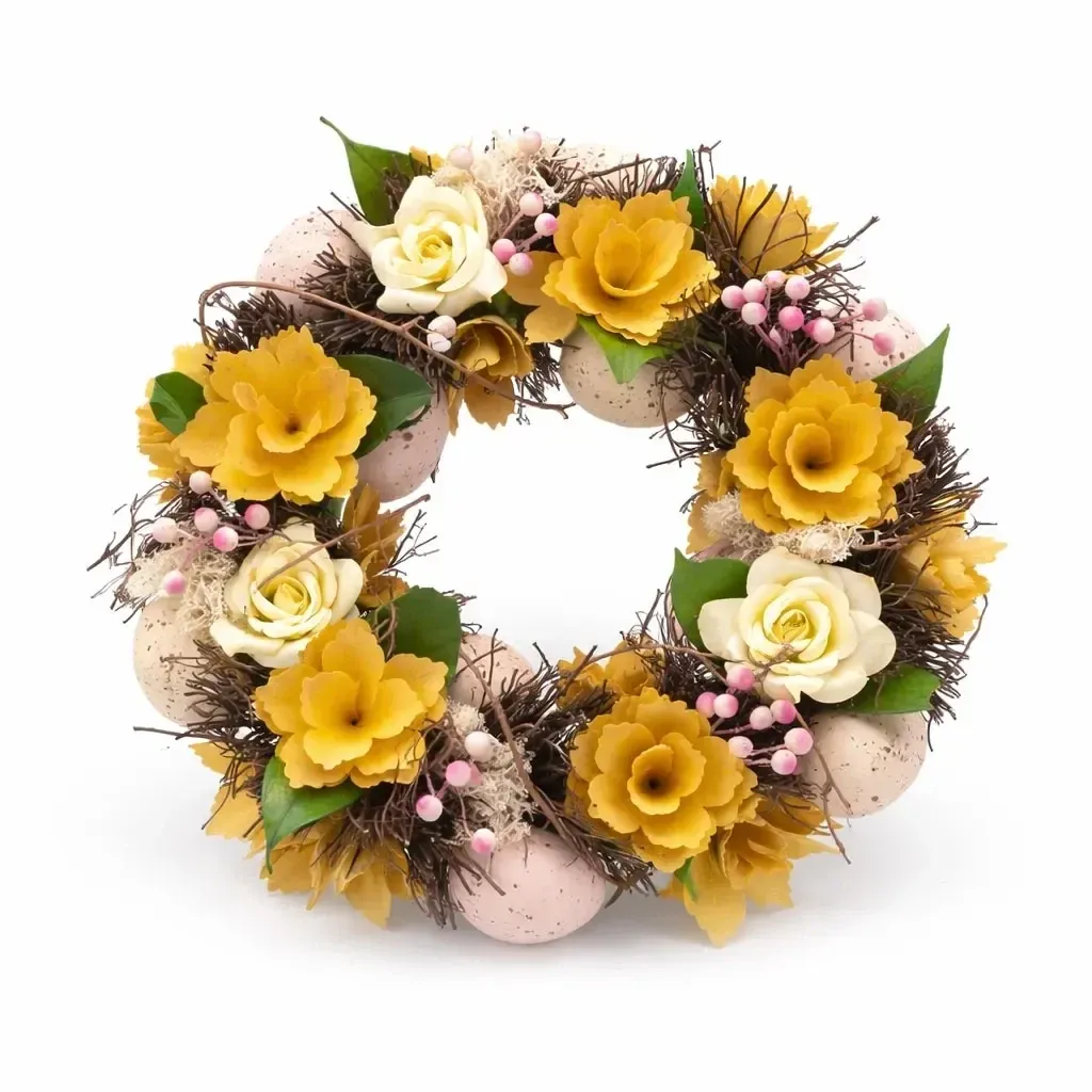 Easter door wreath 30 × 30 × 8 cm, yellow flowers, plastic, outdoor