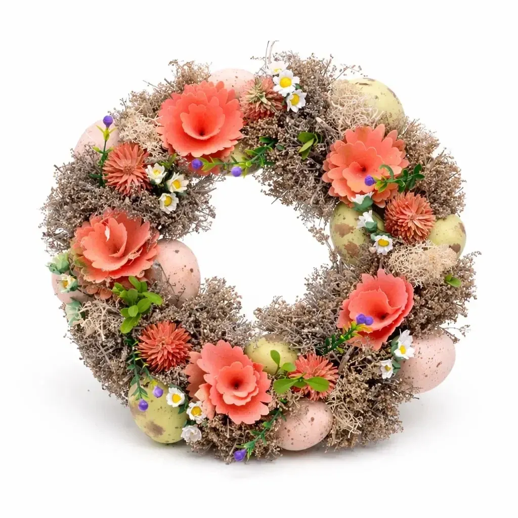 Easter door wreath 30 × 30 × 8 cm, pink flowers, plastic, outdoor