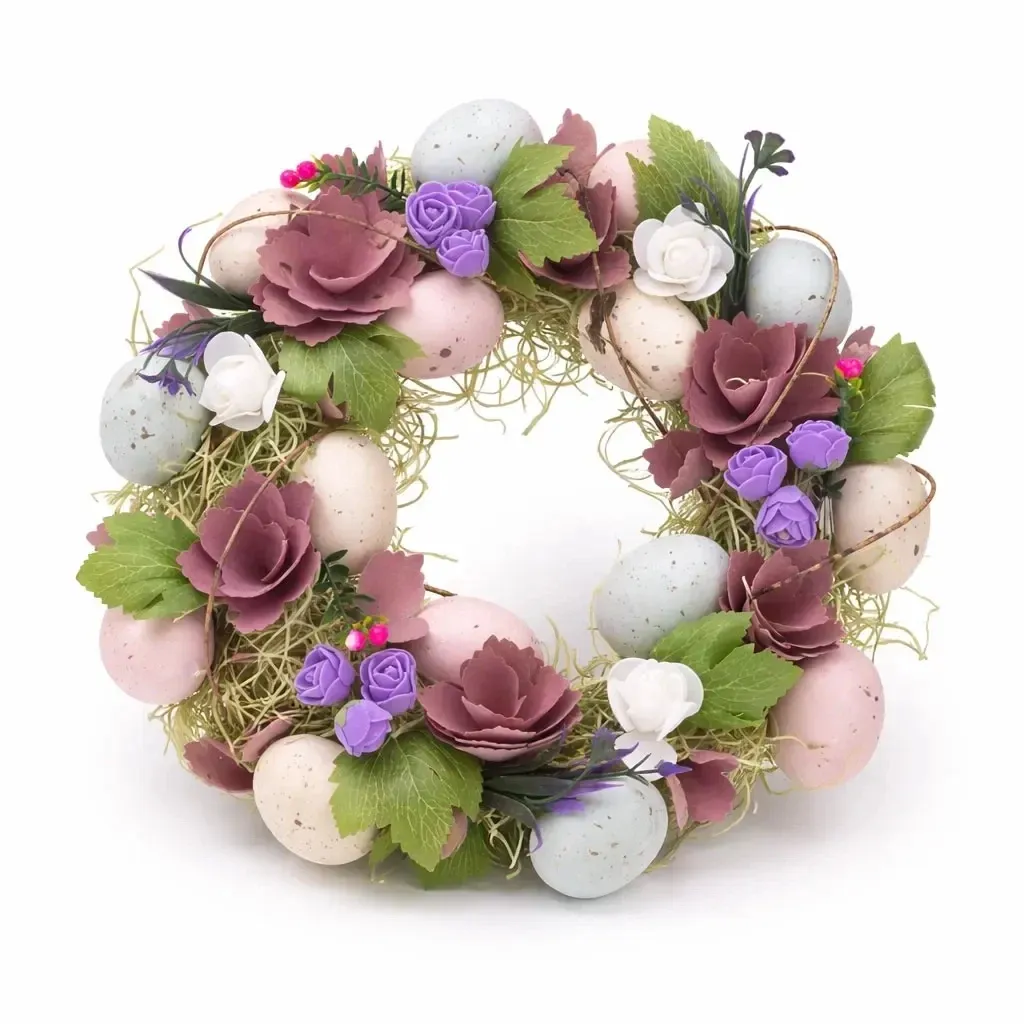Easter door wreath 30 × 30 × 8 cm, plastic wicker, purple and pink flowers, outdoor