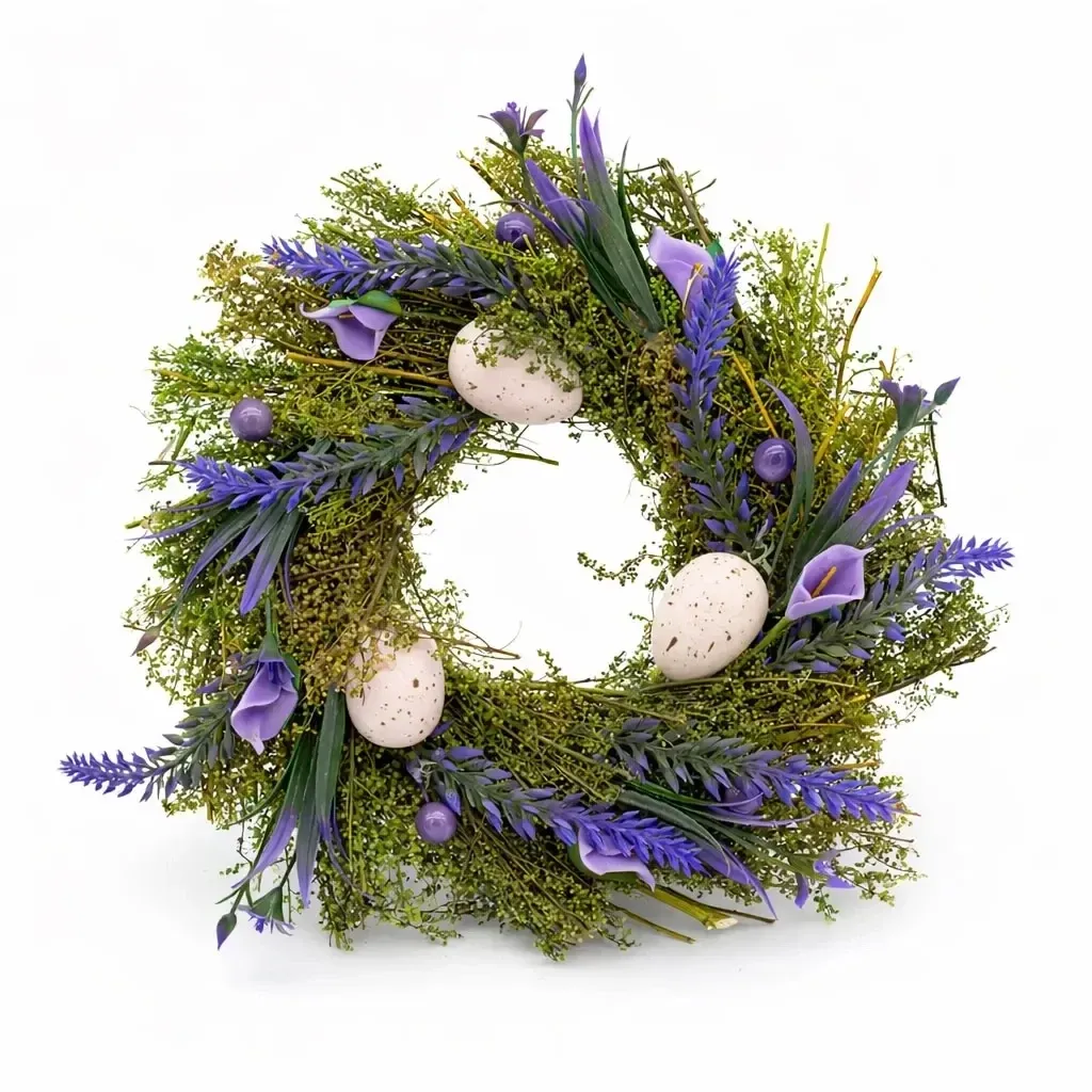 Easter door wreath 25 × 25 × 8 cm, green wreath, purple flowers
