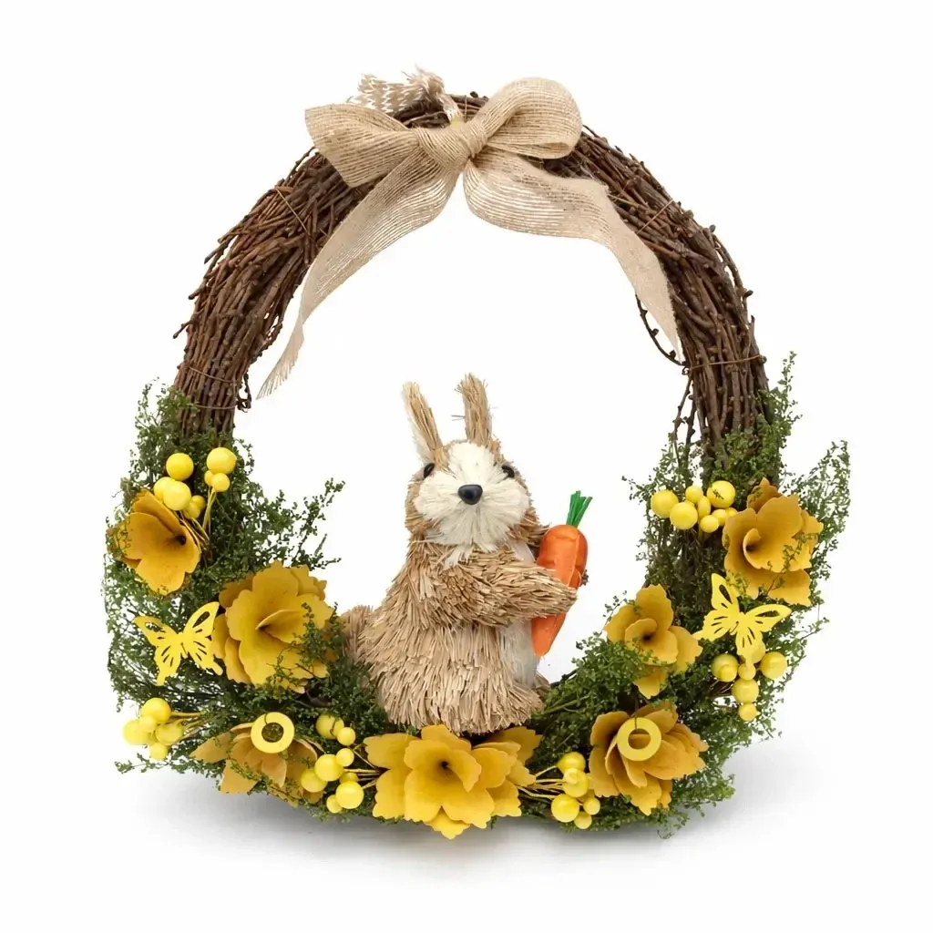 Easter door wreath 33 × 31 × 10 cm, wicker, yellow flowers and hare with carrots, outdoor