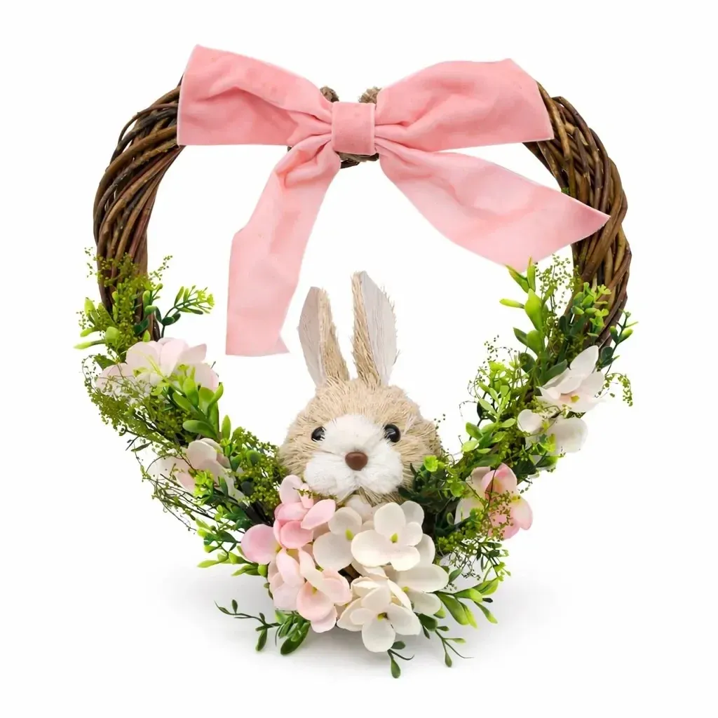 Heart-shaped wicker Easter wreath, 28 × 28 × 8 cm, wicker, flowers and rabbit, outdoor