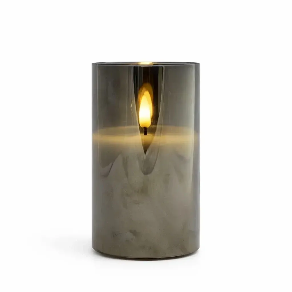 Battery operated LED candle in glass, Ø 7,5 × 10 cm, grey, 2× AA