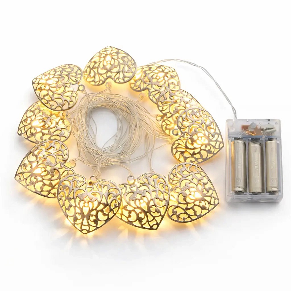 Battery-powered LED string lights, 2.5 m, metal hearts, vintage, warm white, 10 LEDs, clear cord, IP20, 2× AA