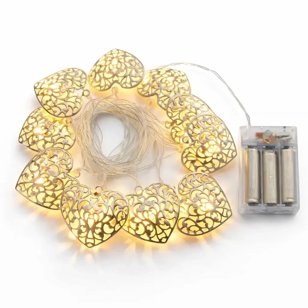 Battery-powered LED string lights, 2.5 m, metal hearts, vintage, warm white, 10 LEDs, clear cord, IP20, 2× AA