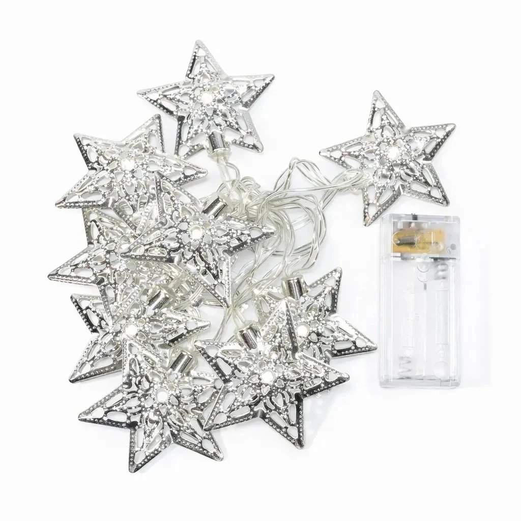 Battery-powered LED string lights, 1.3 m, metal stars, ice white, 10 LEDs, clear cord, IP20 indoor use, 2× AA