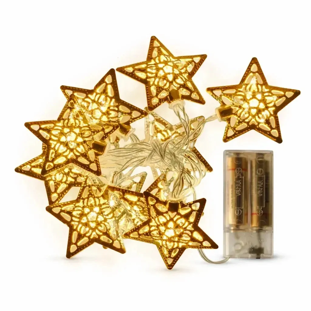 Battery-powered LED string lights, 1.3 m, metal stars, warm white, 10 LEDs, clear cord, IP20 indoor use, 2× AA