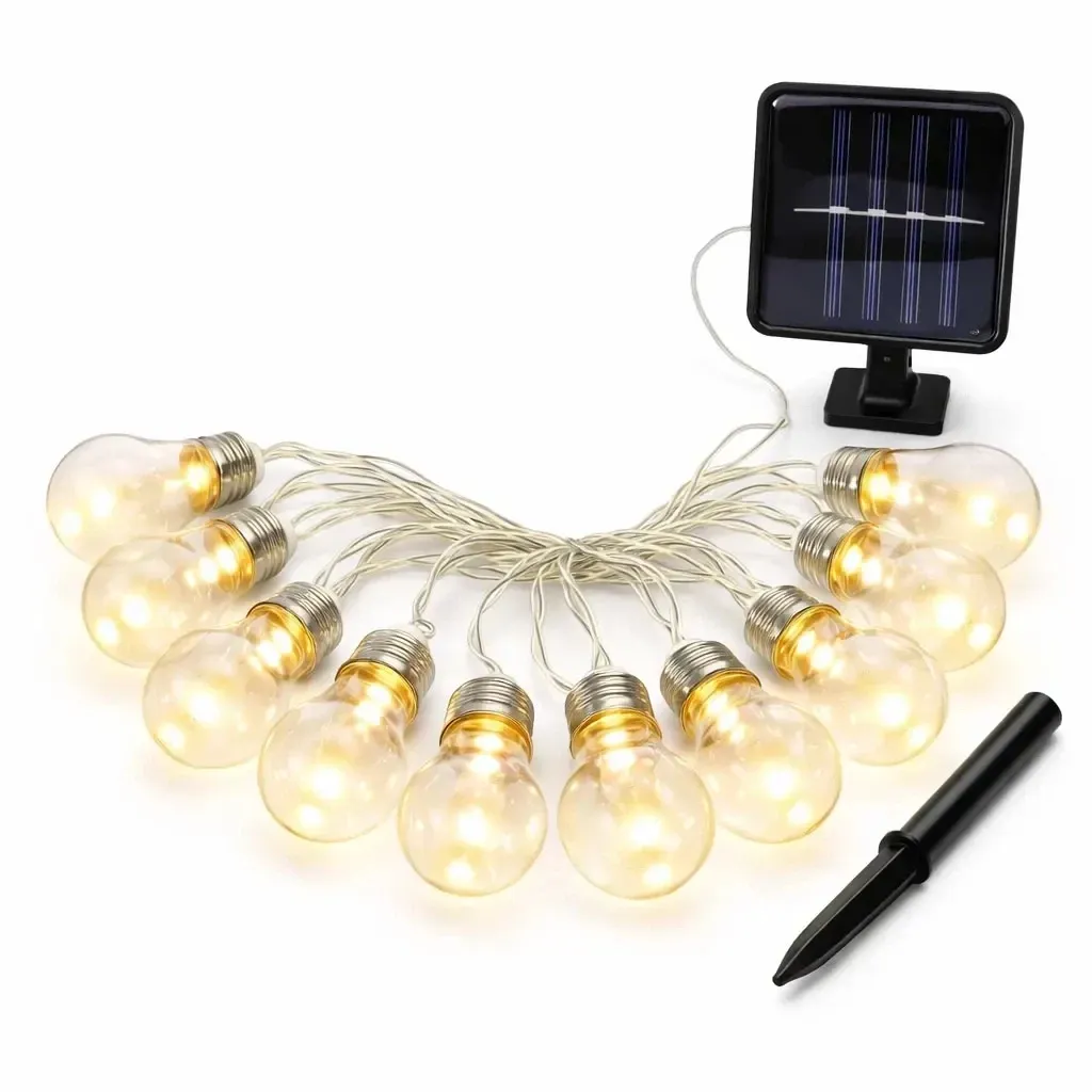 Solar-Powered LED Party String Lights, 5 m, Outdoor, Warm White, 10 LEDs, Transparent Bulbs, Clear Cable, IP44