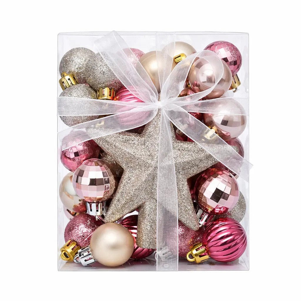 Set of Christmas decorations pink and silver 3 cm, 1× glitter spike, plastic flask IP44 outdoor, packing 29 pcs