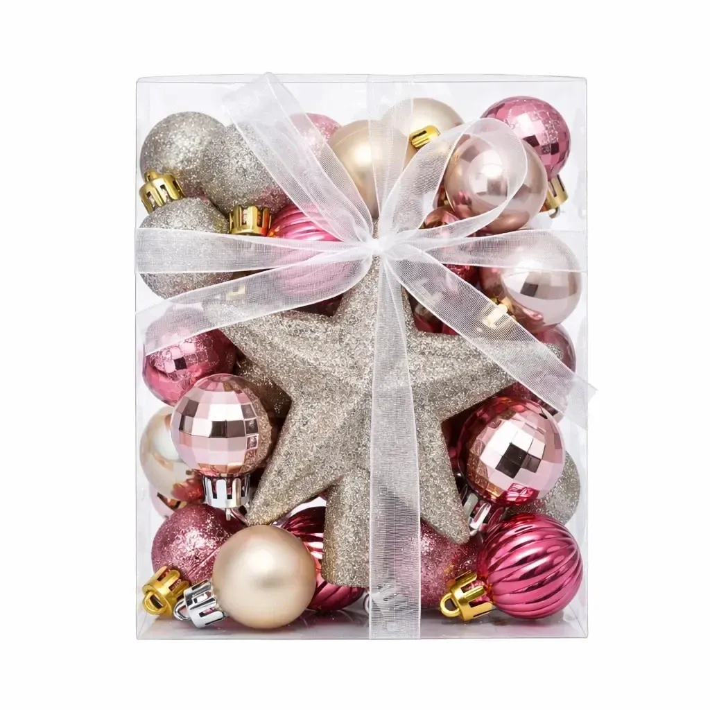 Set of Christmas decorations pink and silver 3 cm, 1× glitter spike, plastic flask IP44 outdoor, packing 29 pcs