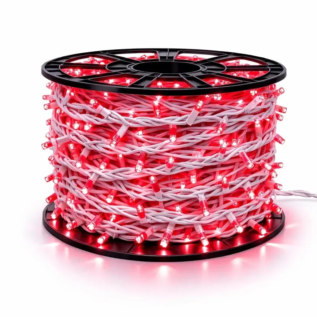 Easy Fix LED String Lights, 100 m, Outdoor, Red, 2,000 LEDs, White Cable, IP44, Spool