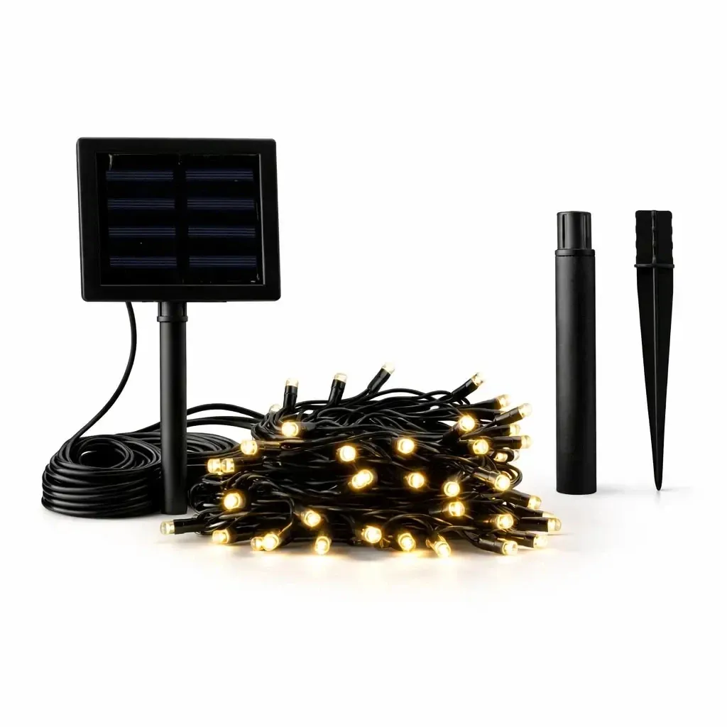 Outdoor LED Solar Garden Lights, 5 m, Warm White, 50 LEDs, Black Cable, IP44, Solar Panel