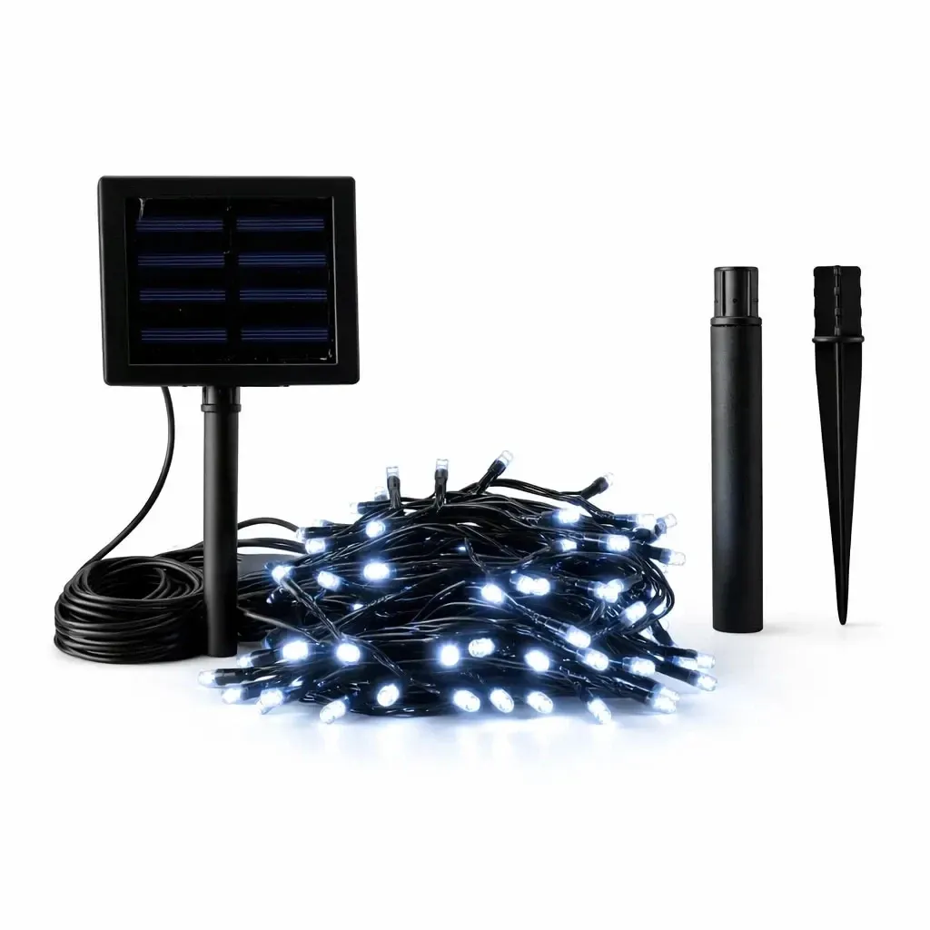 Outdoor LED Solar String Lights for the Garden, 10 m, Ice White, 100 LEDs, Black Cable, IP44, Solar Panel