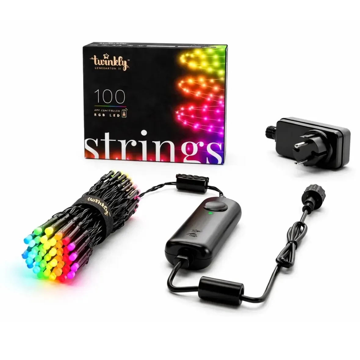 Twinkly Strings Outdoor Colorful String Lights, 8 m, 100 RGB LEDs, Black Cable, IP44
