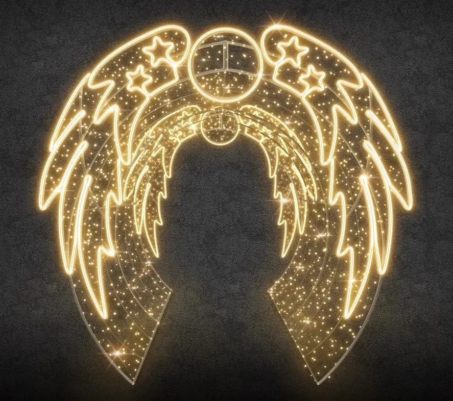 3D LED light tunnel angel wings, 315 × 280 × 400 cm, warm white with Flash effect, 230 V, made of 10 parts