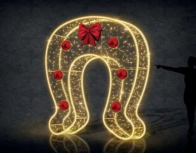 Eco Fix 2D LED lucky horseshoe light, through-standing, 276 × 310 × 99 cm, warm white, aluminium