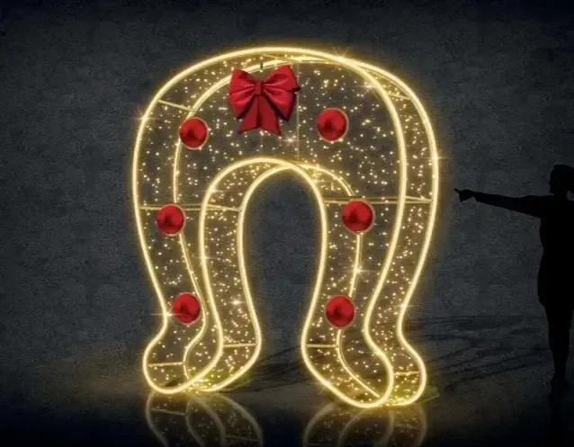 Eco Fix 2D LED lucky horseshoe light, through-standing, 276 × 310 × 99 cm, warm white, aluminium