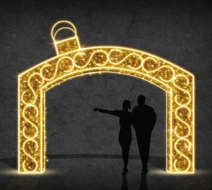 3D LED light gate ornament, gold, 500 × 220 cm, warm white, aluminium