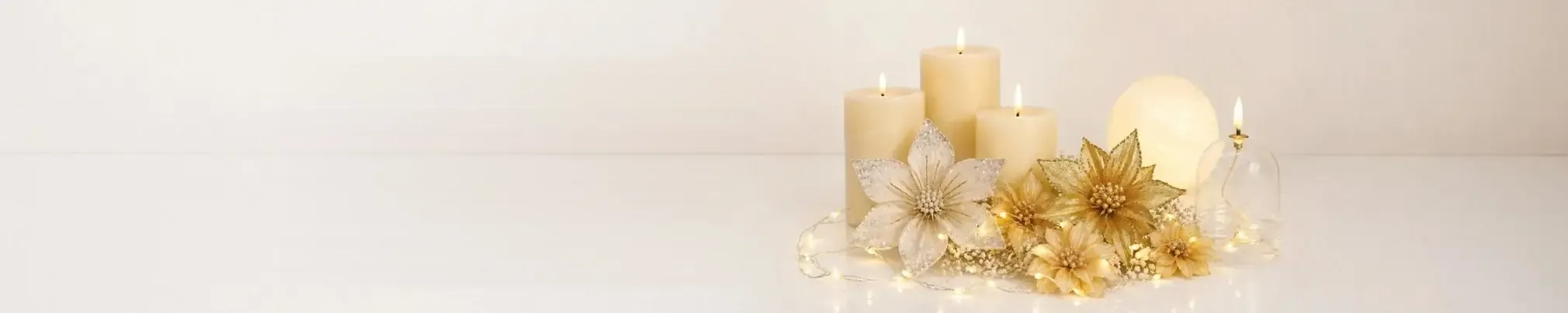 Wedding decorations: LED candles, golden flowers and string lights