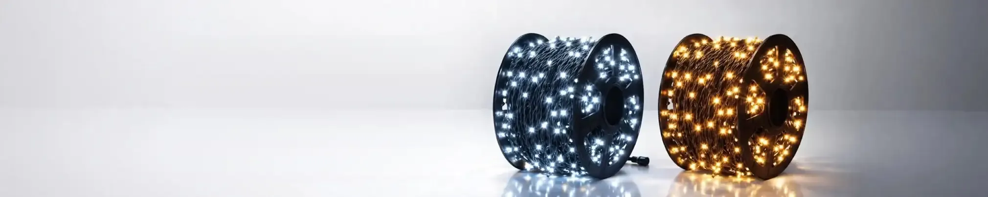 Two reels of professional LED string lights in cool and warm white