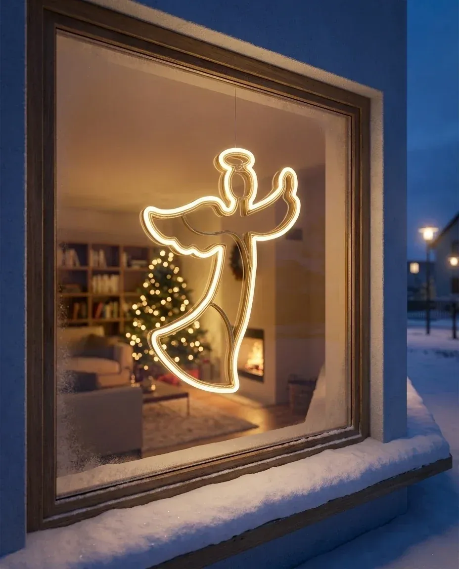 Gold hanging LED angel in a house window, illustrative visualisation